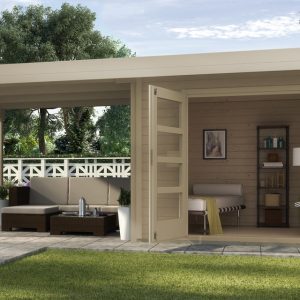 Lapostetős faház terassal hátfal nélkül Weka designhaus 126