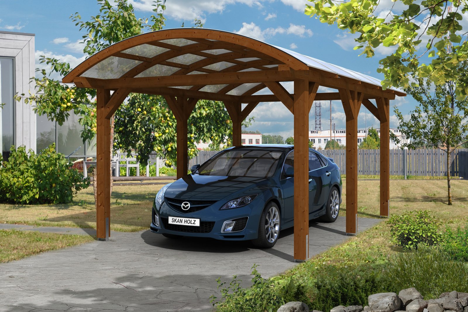 Dióbarna garázstető polikarbonát fedéssel