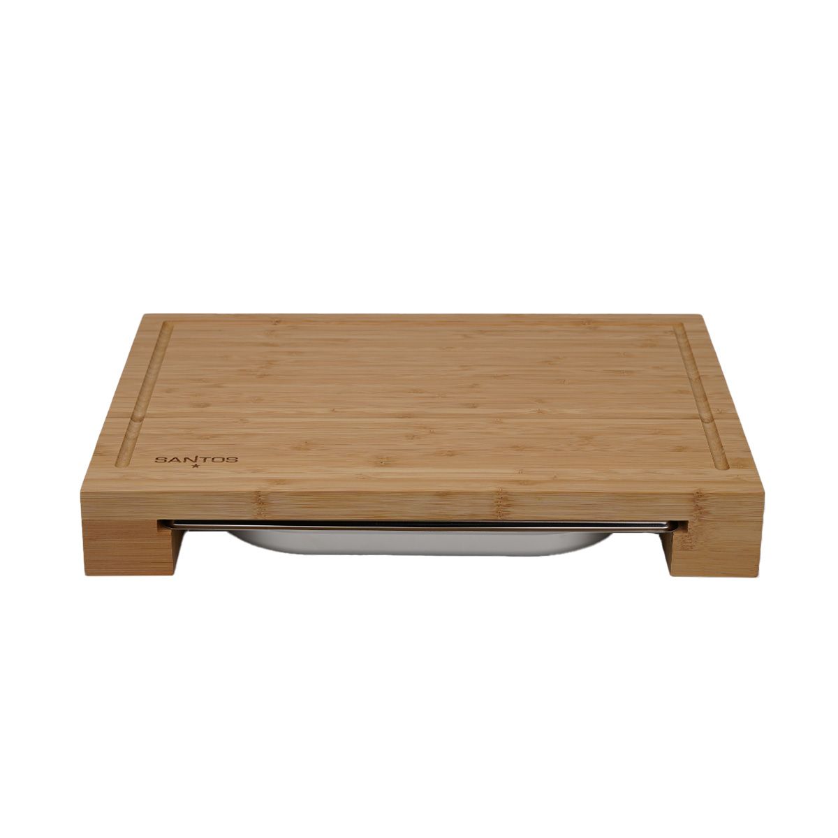 SANTOS bambusz vágódeszka rozsdamentes acél csepptálcával