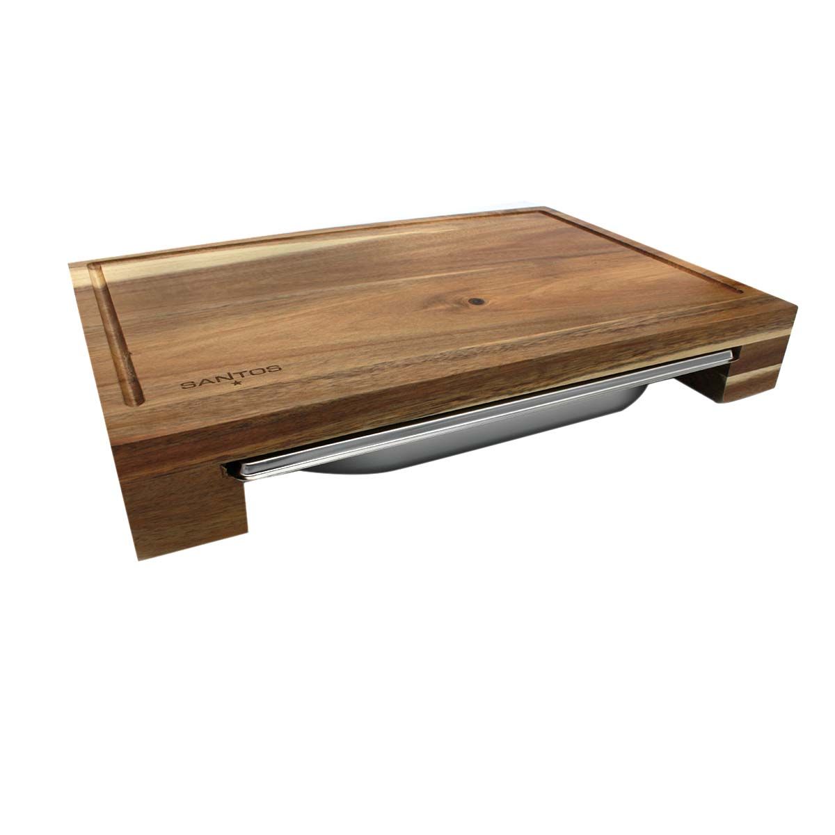 SANTOS bambusz vágódeszka rozsdamentes acél csepptálcával